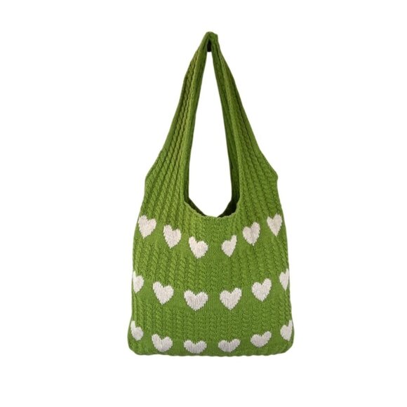 Knitted Green Tote Bag Open Top With White Heart Pattern Size M - Picture 1 of 7